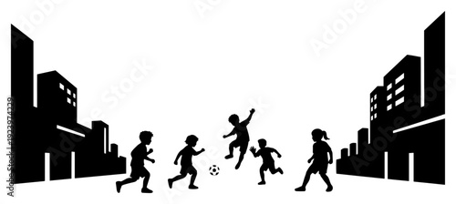 Silhouettes of happy children playing soccer on a city street between buildings