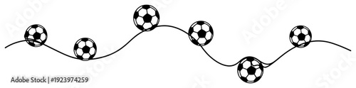 Wavy horizontal line with soccer balls following a curved path for decorative design