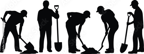Vector illustration of construction worker silhouette collection—symbols for shoveling, labor, building, manual work, industry, tools, effort, motion, teamwork, and artistic representation