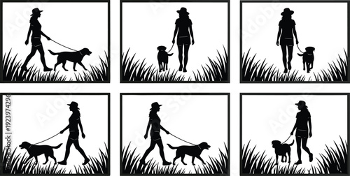 Woman walking dog silhouette scenes collection illustrating pet walking, outdoor lifestyle, companionship, and daily activity concepts in minimalist countryside design