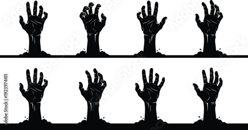Zombie hands emerging from ground silhouette collection, horror Halloween illustration set featuring undead rising, spooky design, and dark fantasy concepts
