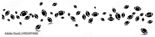 Horizontal banner pattern of flying American football balls on a white background