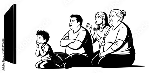 Family members sitting together watching a television screen at home in black and white