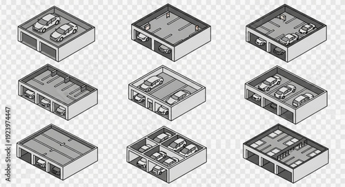 Isometric view of various parking garages with cars inside, different layouts.