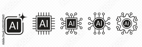 Artificial intelligence line icons set  AI chip neural network security and technology symbols  minimal outline vector collection on transparent background