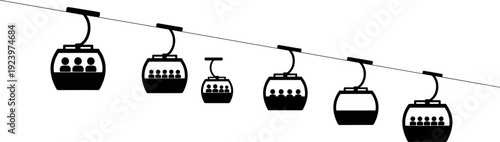 Black silhouette of mountain cable car gondola lift on rope isolated on white background cad drawing flat vector illustration for ski resort travelArt & Illustration
