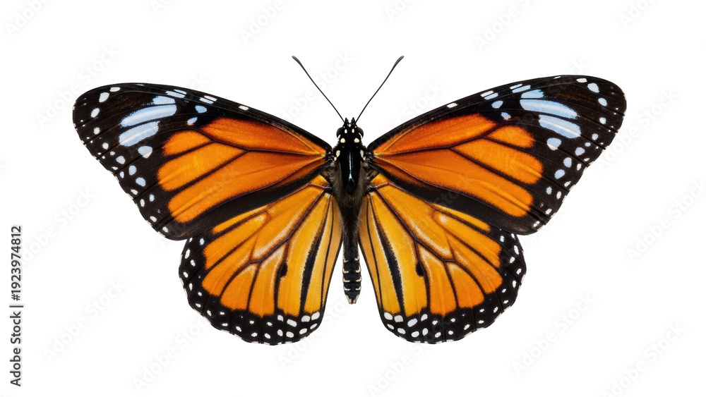 Fototapeta premium Isolated beautiful monarch butterfly with orange wings, black borders on a neutral background