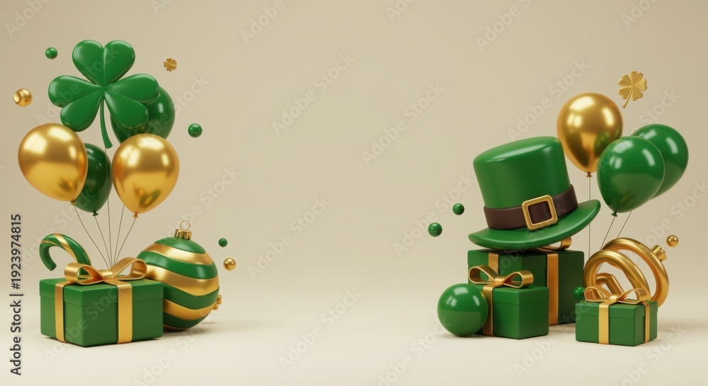 Fototapeta premium St patricks day celebration with green and gold balloons gifts and hat