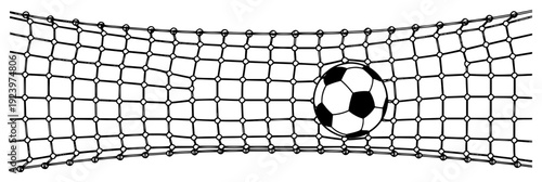 Soccer ball hitting the goal net on a white background