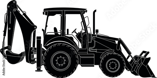 Black and white backhoe loader silhouette vector illustration isolated on white background heavy equipment for construction industrial machinery and earthmoving civil engineering project (24 words)
