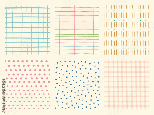 Various colorful grid and dotted patterns arranged in a neat organized and decorative layout