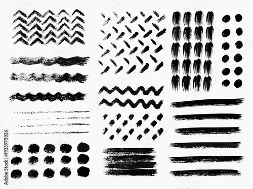Collection of diverse black brush stroke textures and patterns arranged in a neat minimalist display