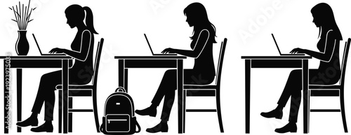 Women working on laptops black and white silhouettes at desks modern workspace vector illustration design concept