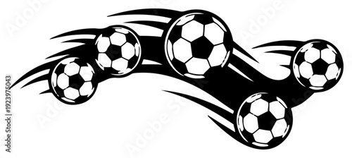 Group of soccer balls flying in dynamic motion with speed lines for sport design
