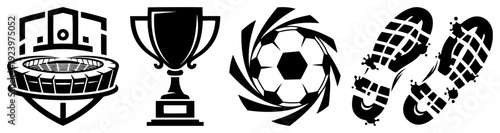 Collection of soccer themed icons including a trophy stadium emblem and shoe prints