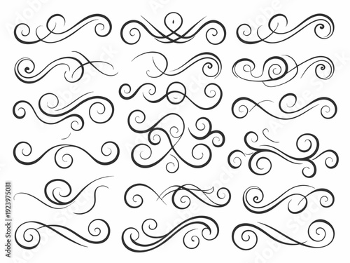Collection of elegant black swirls and flourishes decorative design elements on a white background