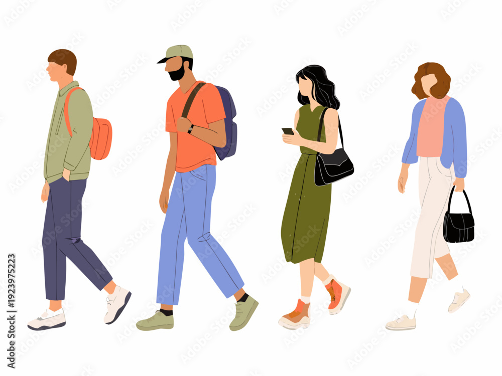 Fototapeta premium Vector illustration depicting diverse group of people walking in a casual urban setting