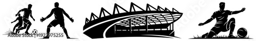 Vector silhouettes of professional soccer players in action next to a modern sports stadium