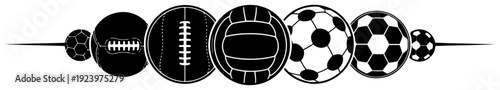 Horizontal collection of various sport balls for soccer rugby and volleyball