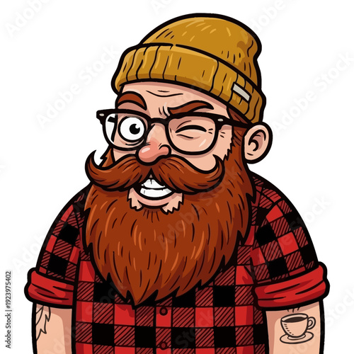Playful cartoon character with a big beard, beanie, and glasses winking