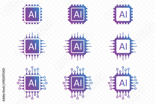 AI brain chip icon set  modern artificial intelligence technology symbol  machine learning vector design on transparent background