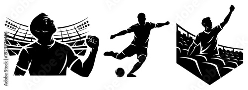 Set of soccer players celebrating goal and performing action poses on the field