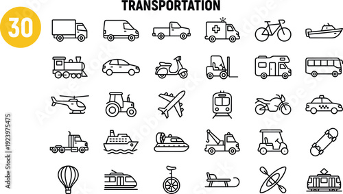 Transportation line icon collection featuring cars, trucks, trains, aircraft, boats, bicycles, and modern mobility vehicles for travel and logistics concepts