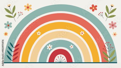 Vibrant rainbow with colorful flowers and leaves on white