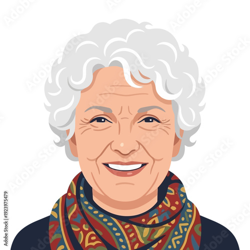 Smiling elderly woman illustration with curly white hair and patterned scarf