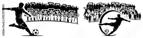 Soccer player kicking ball in front of cheering crowd of fans in stadium