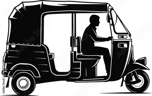 Auto rickshaw tuk tuk silhouette black and white urban transport vehicle driver vector illustration mobility design
