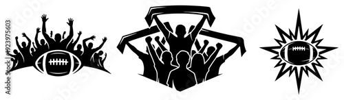 American football fan silhouettes cheering and holding scarves in stadium