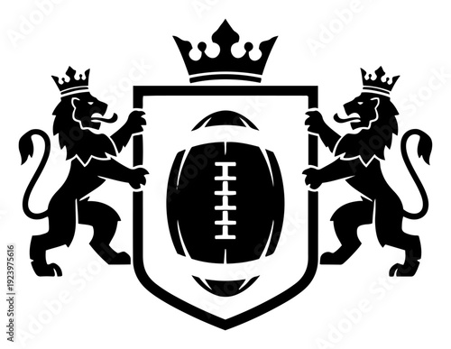 Heraldic crest with lions holding a shield featuring American football