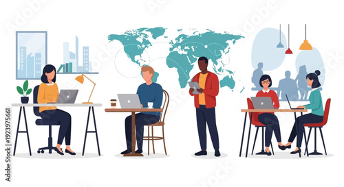 Global Remote Work and Collaboration: Diverse Team Connected Worldwide, Modern Professionals Working on Laptops and Tablets with World Map Background