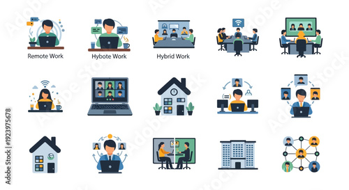 Remote Work, Hybrid Office & Online Collaboration Flat Icons Set - Business, Virtual Meetings, Teamwork & Flexible Work Models
