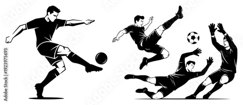 Set of detailed soccer players in action including bicycle kick and goalkeeper