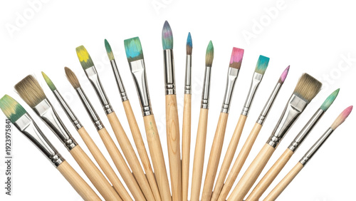 Bild auf Leinwand Isolated assortment of various new artist paintbrushes in a row on neutral surfa