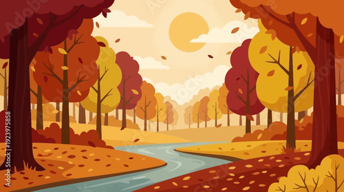 Vibrant Autumn Forest Landscape with Flowing River and Golden Sunlight