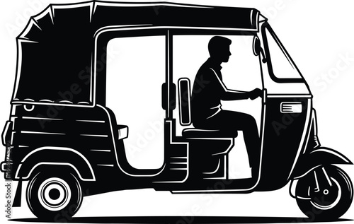 Auto rickshaw silhouette black and white tuk tuk driver transport vehicle vector illustration urban mobility design