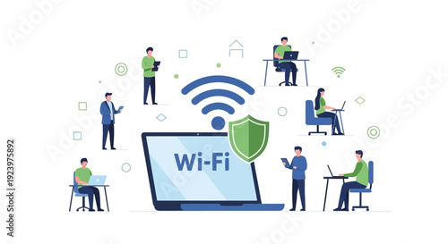 Wi-Fi Security & Internet Connectivity for Remote Work and Digital Productivity Flat Illustration