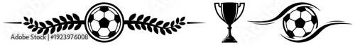 Horizontal soccer divider elements including trophy cup laurel wreath and motion swooshes