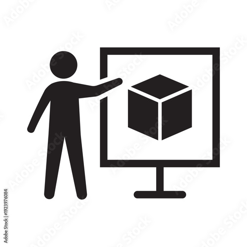 Vector illustration of a person presenting a 3D cube on a projection screen. Minimalist icon representing product launches, logistics, technical training, and architectural presentations.