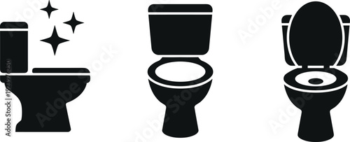 Toilet bowl icon set showing clean, closed, and open lid bathroom symbols, minimalist sanitation illustration for hygiene, restroom, and plumbing concepts
