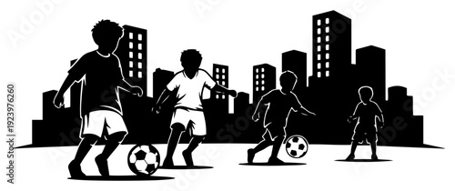 Silhouettes of young children playing football in an urban city park
