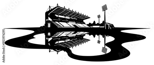 Minimalist silhouette of a sports stadium with reflection and modern architecture