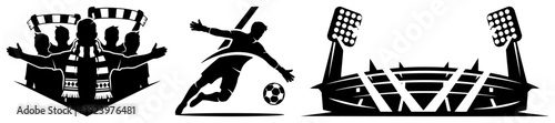 Set of soccer elements including football player cheering fans and stadium floodlights