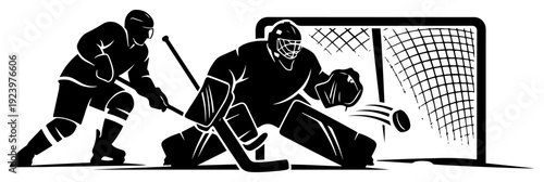 Black and white vector illustration of ice hockey players in action near the goal net