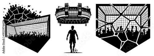 Collection of soccer sports silhouettes featuring fans goal net and stadium atmosphere