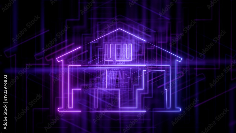 Fototapeta premium Purple Neon House Outline with Abstract Digital Technology Network and Geometric Lines Background