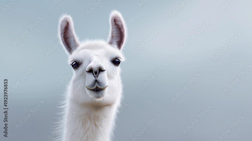 Fototapeta premium White llama portrait with funny expression isolated on blue background